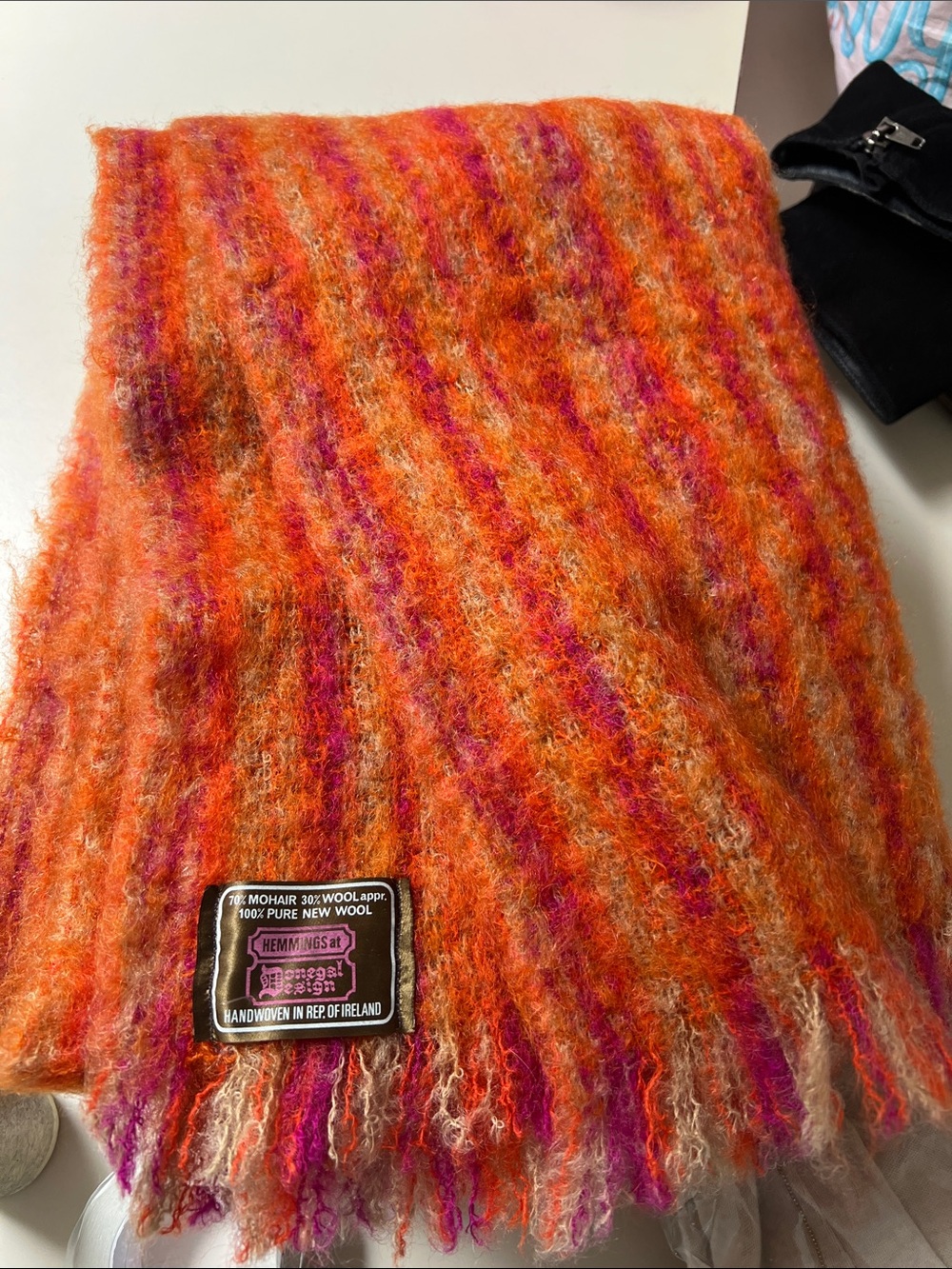 Handwoven Mohair & Wool Scarf in Orange and Pink - 70/20 inches